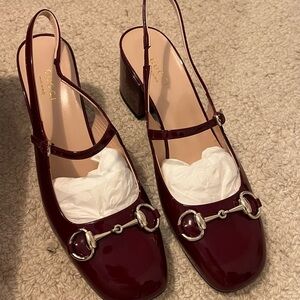 Gucci Burgundy Patent Leather Slingback Loafers with Horsebit